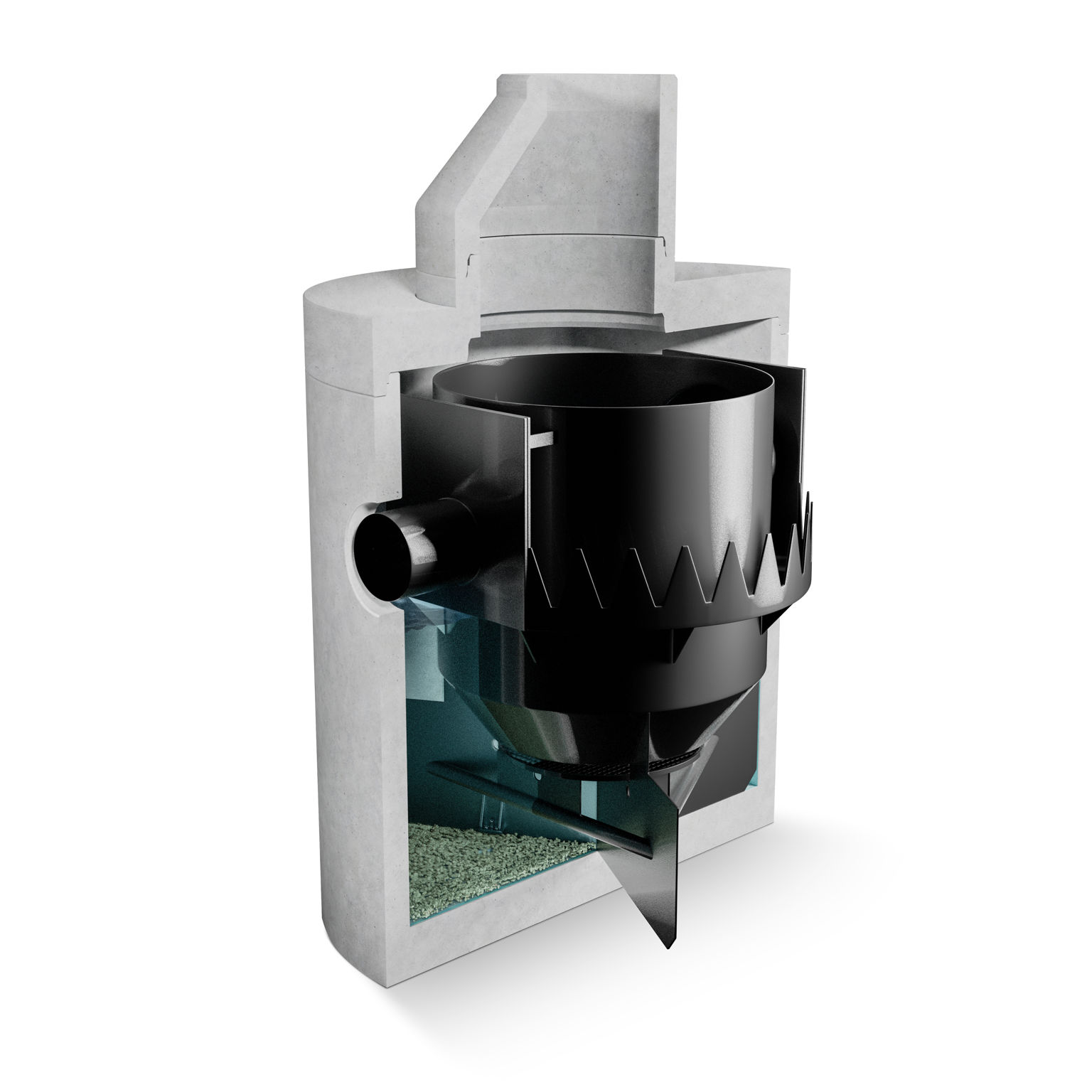 Sprängskiss av partikelavskiljare för dagvattenrening i betongbrunn;med synlig insats för separation av mikroplaster och tungmetaller. Visar flödesväg och sedimentering i flera steg.