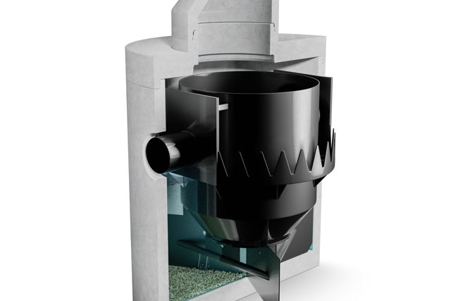 Sprängskiss av partikelavskiljare för dagvattenrening i betongbrunn;med synlig insats för separation av mikroplaster och tungmetaller. Visar flödesväg och sedimentering i flera steg.