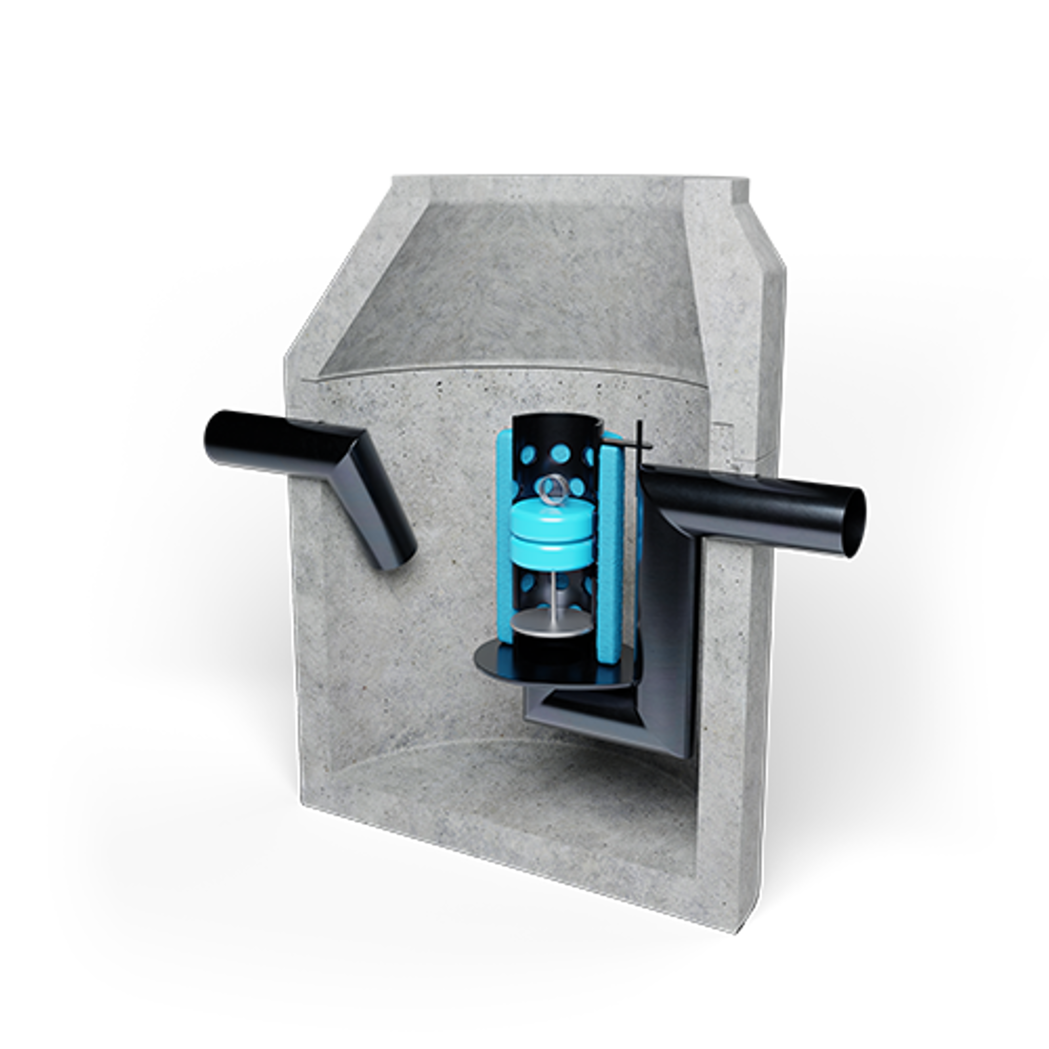 Sprängskiss av koalescensavskiljare i betongbrunn;med tydligt synliga in- och utloppsrör samt en central koalescensinsats med blå filterelement och separationskammare för effektiv oljeavskiljning.