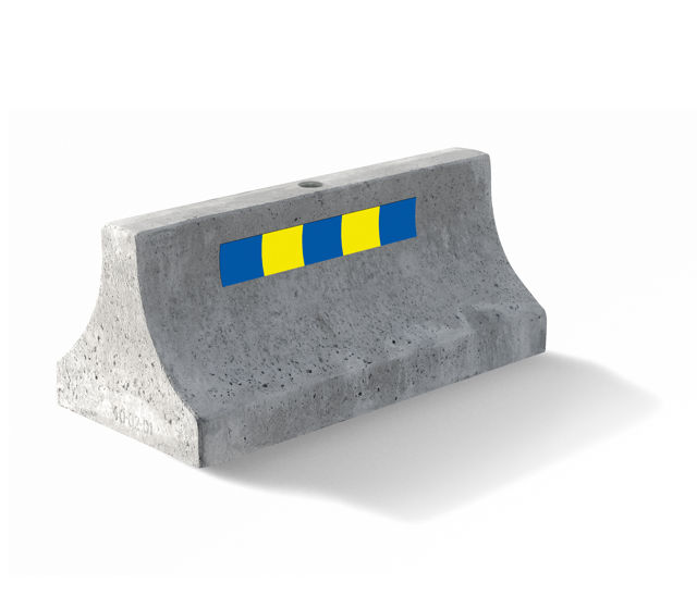 Produktbild mot vit bakgrund av trafikavstängaren Trafistop;i färgen naturgrå med stolphål och med reflex i gul/blått.