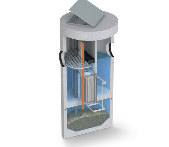 Sprängskiss av lamelloljeavskiljare i betong med inbyggd bypass-funktion;lamellpaket och rostfri inredning. Visar vattenflöde;oljeavskiljning och struktur i genomskärning.