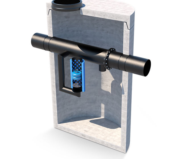 Sprängskiss av koalescensoljeavskiljare med bypassfunktion;monterad i betongbrunn. Visar flödesvägar;koalescensfilter och automatisk avstängningsanordning i genomskuret utförande.