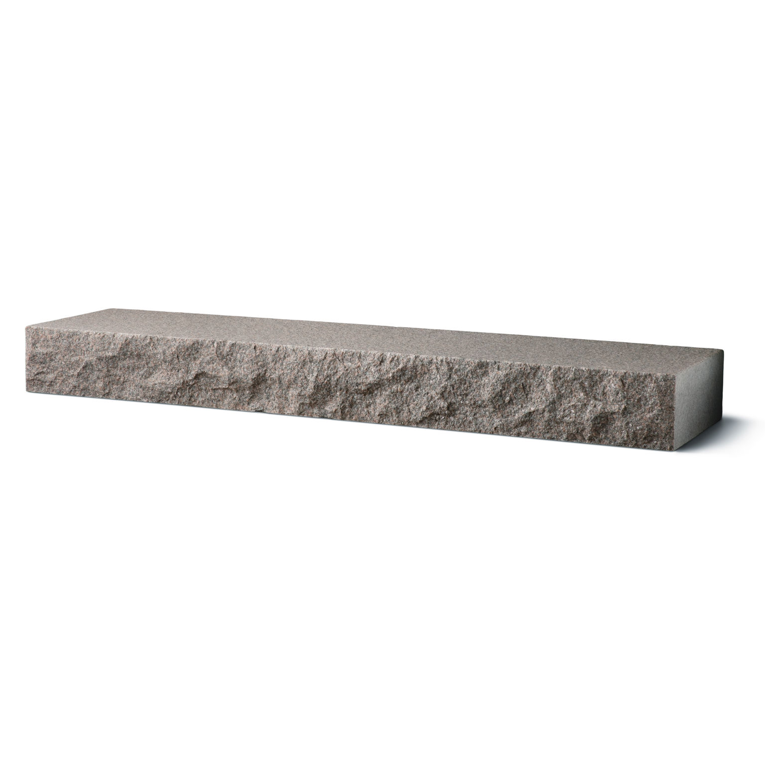 Produktbild på blocksteg i granit med flammad topp och råkilad front;i måtten 2000x350x150 mm och i färgen Bohus grå.