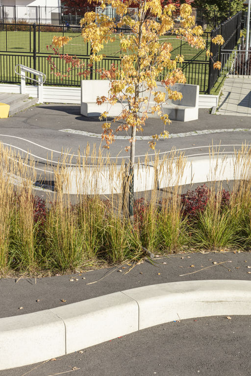 Flera Outline-bänkar bildar en ringlande orm med gula höstträd