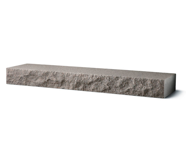 Produktbild på blocksteg i granit med flammad topp och råkilad front;i måtten 2000x350x150 mm och i färgen Bohus grå.